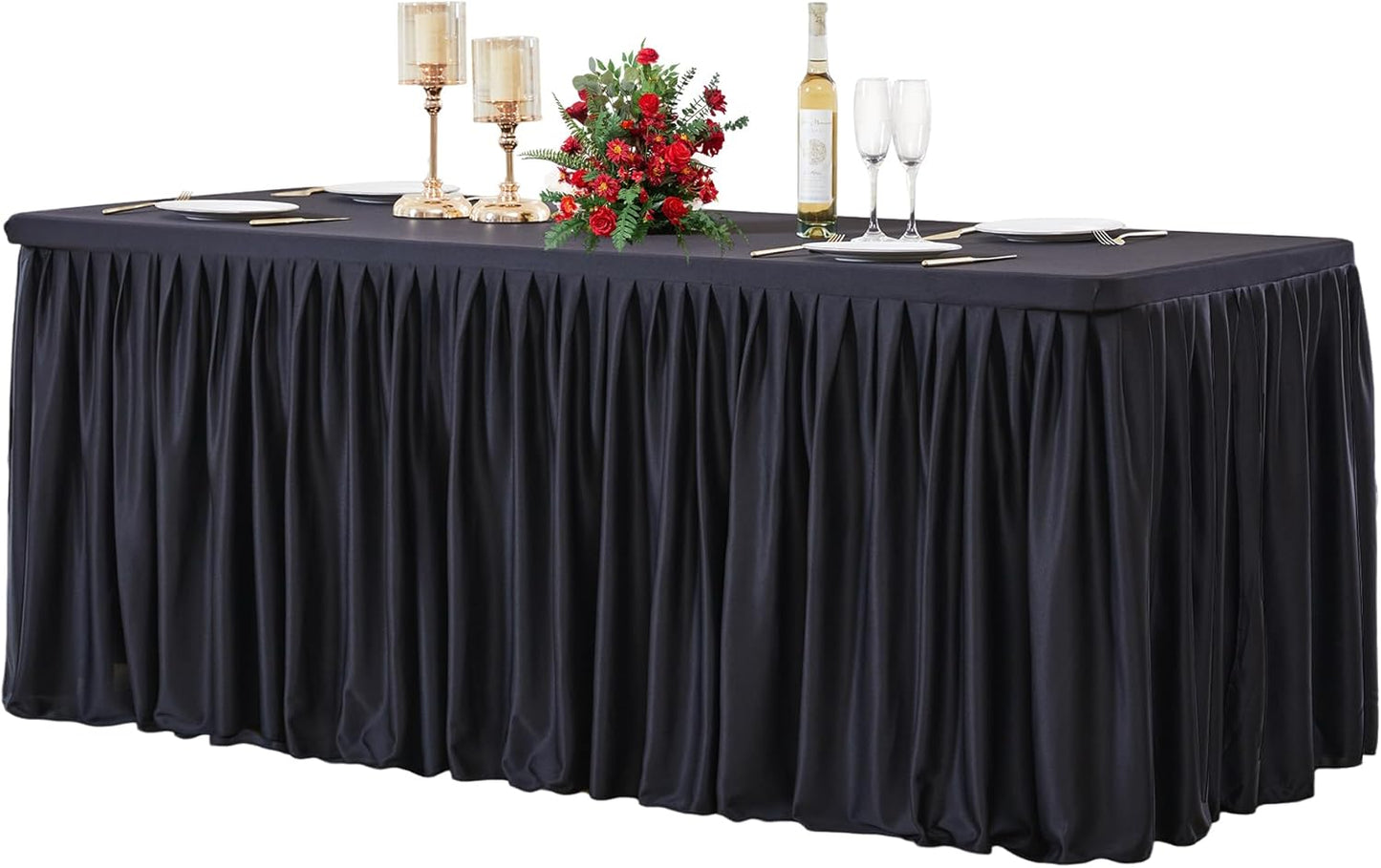 Black Polyester Table Clothes for 4 Foot Rectangle Tables, Wrinkle Free Fitted Table Cover with Pleated Ruffle Table Skirt for Birthday Party Wedding Trade Show Event Display