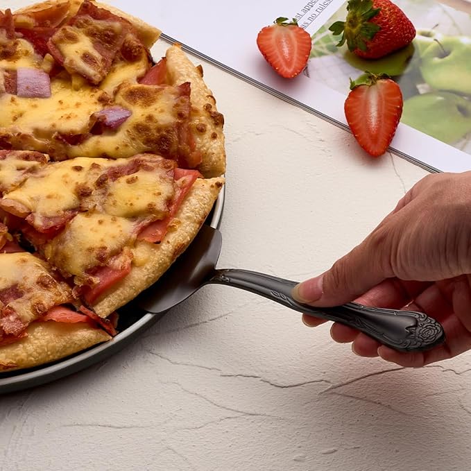 Deeny Jarte 3-Piece Cake Server Set - 9.3-Inch Matte Black 430 Stainless Steel with Rose Handle Design - Ideal for Cake, Pie, Pizza, and Dessert Serving - Dishwasher Safe Pastry Server Set