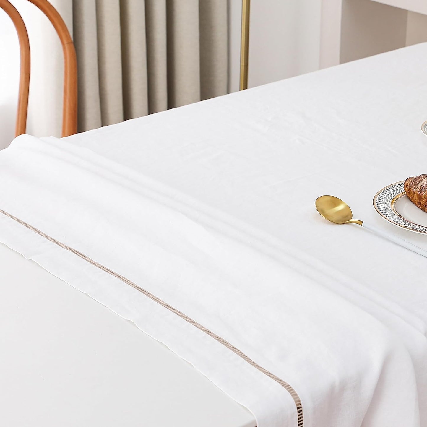 Linen World Hemstitch Linen Tablecloth,100% Natural French Flax,60x120Inch Handcrafted White-Natural Linen Table Cloth,Tabletop,Table Cloths for Kitchen,Dining,Daily Use(White-Natural)