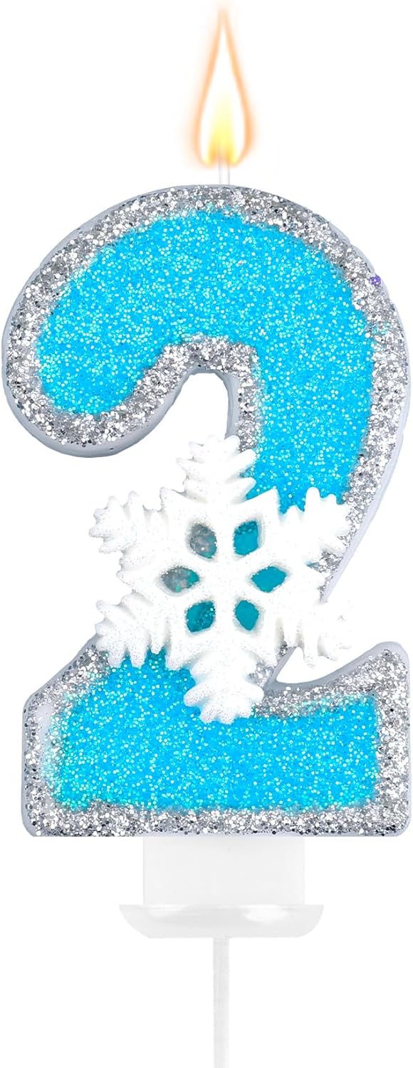 Frozen Themed Birthday Candles Party Decorations, Blue and Silver Number 2 Birthday Candle, Happy Birthday Candle for Cake, Snowflake Cake Topper Decoration for 2nd 2 Year Old Party Favor Supplies