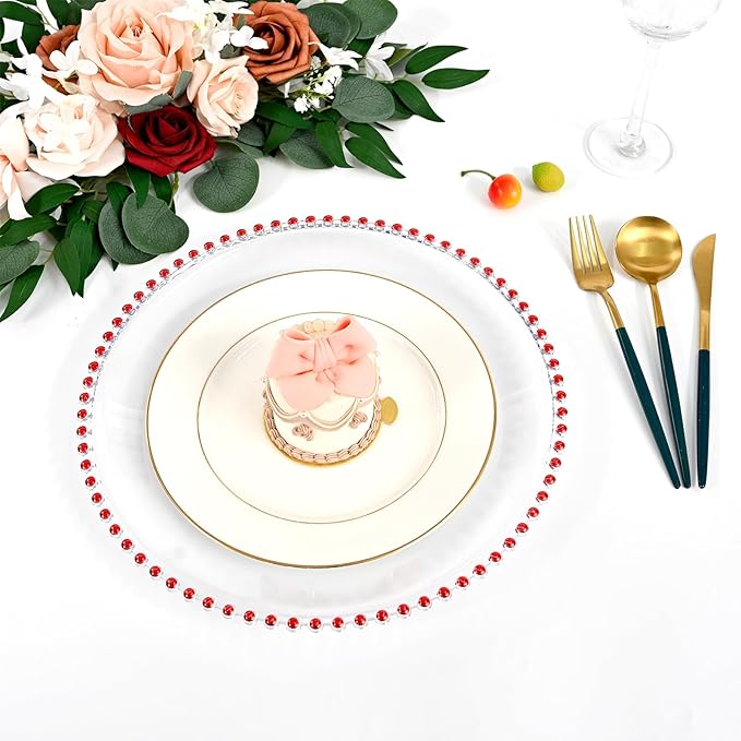 24 PCS Clear Round Charger Plates with Beaded Rim, 13 Inch Plastic Acrylic Plate, Plastic Round Beaded Dinner Decorative Service Plates for Wedding Party Event, Home Kitchen Tabletop(Red)