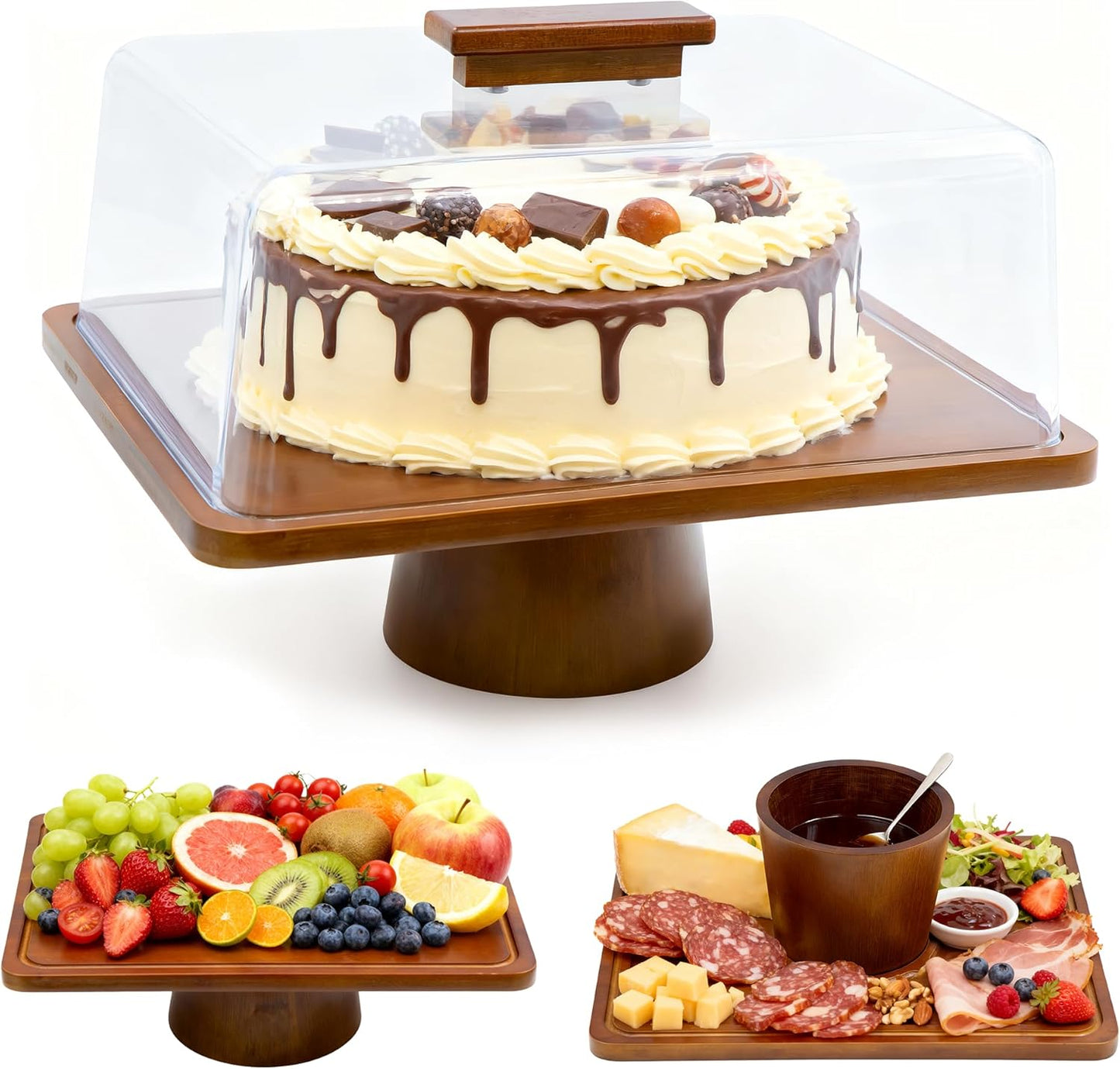 Wood Cake Stand with Lid, Rectangular Cake Holder, 2-in-1 Dessert Table Display Set & Charcuterie Board for Cheese, Cake Fruit Display Server Tray for Kitchen, Birthday, Weddings - Footed