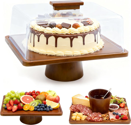 Wood Cake Stand with Lid, Rectangular Cake Holder, 2-in-1 Dessert Table Display Set & Charcuterie Board for Cheese, Cake Fruit Display Server Tray for Kitchen, Birthday, Weddings - Footed