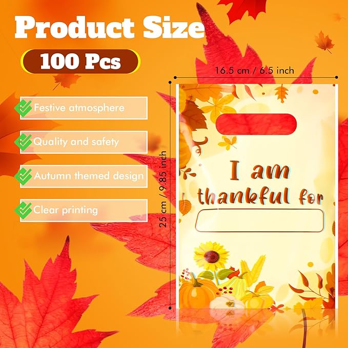 Supervitae 100 Pcs I Am Thankful Plastic Gift Bags Thanksgiving Party Favor Thank You Bags Bulk with Handles for Thankful Gratitude Snacks Goodie Candy Treat Autumn Fall Thanksgiving Party Supplies