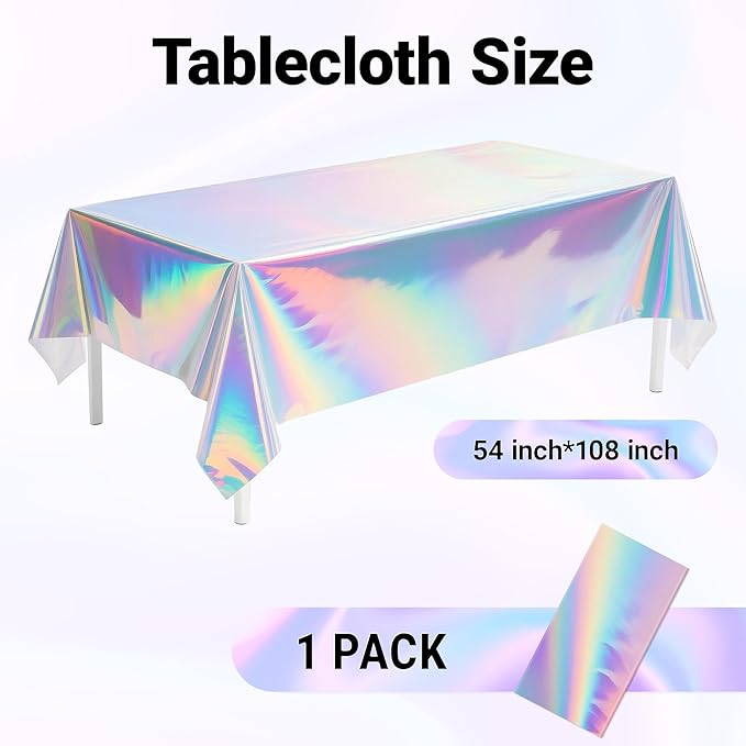 1 Pack Iridescent Tablecloth, 54" x 108" Birthday Party Table Cloths Iridescence Plastic Disposable Table Covers Iridescent Party Decorations, Birthday Decor Tablecloth for Buffet Table
