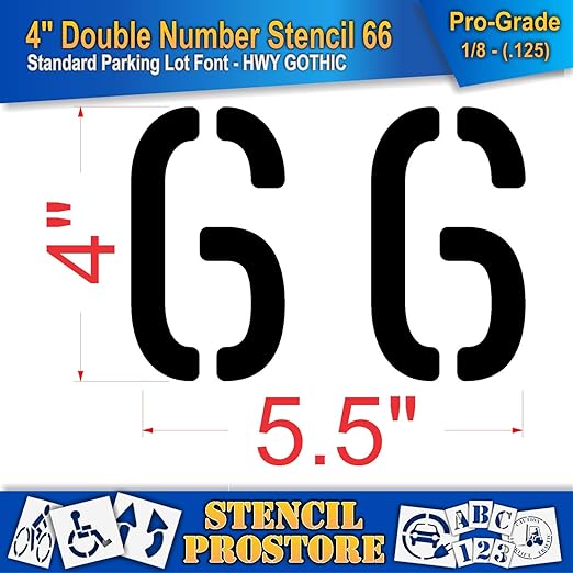 Pavement, Curb, and WheelStop Stencils - 4 inch Double Number Stencil - (66) - 4" x 5.5" x 1/8" (128 mil) - Pro-Grade