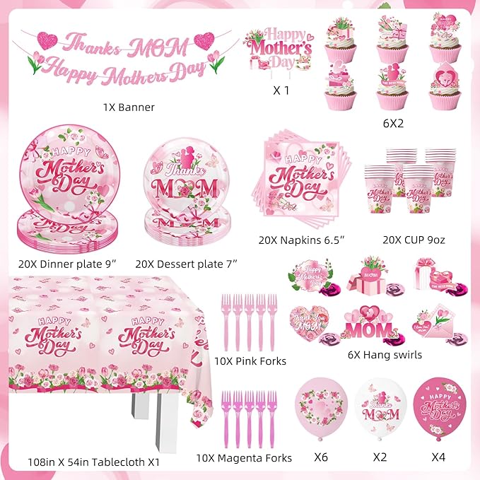 133Pcs Mothers Day Decorations, Happy Mothers Day Party Set with Plates, Napkins, Cups, Tablecloth, Banner, Balloons, Cake Topper, Cupcake Toppers for Mom Birthday Party, Serves 20 Guests