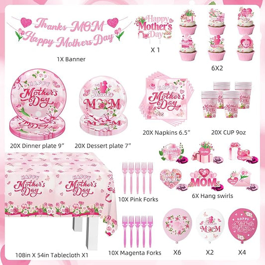 133Pcs Mothers Day Decorations, Happy Mothers Day Party Set with Plates, Napkins, Cups, Tablecloth, Banner, Balloons, Cake Topper, Cupcake Toppers for Mom Birthday Party, Serves 20 Guests