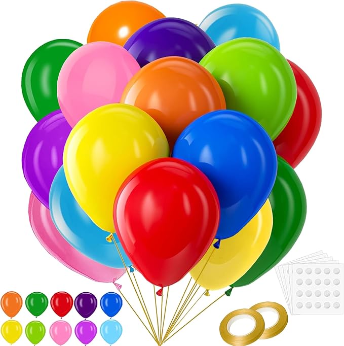 100PCS 12 Inch Rainbow Latex Balloons, Assorted Colors Party Balloons Bulk Pack for Birthday Decorations, Baby Shower, Wedding & Festival Party Supplies