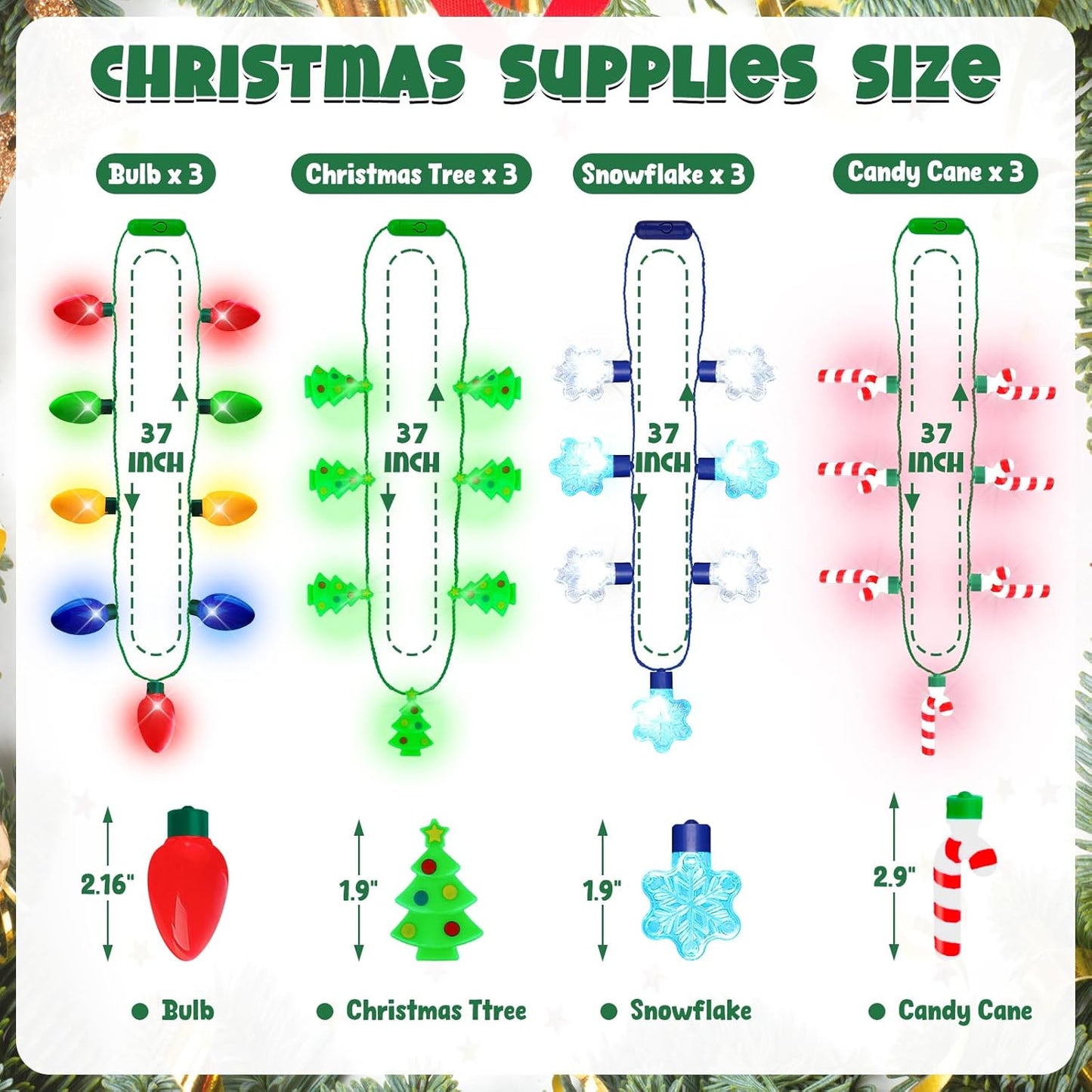 36 PCS Christmas Party Favors, Light Up Candy Cane Snowflake Tree Bulb LED Necklace Flashing Headwear Glow Eyeglasses Set for Bulk Xmas Gifts, Holiday Christmas Party Supplies for New Years Eve