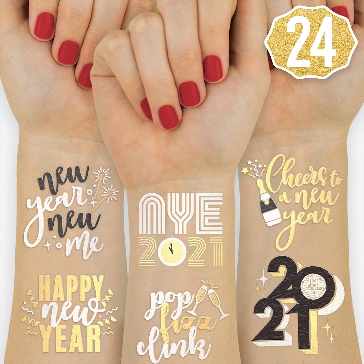 xo, Fetti New Year's Eve Party Supplies Tattoos - 40 Gold and Silver Foil Styles | NYE Party Favors, Disco Celebration Decorations, NYE 2026 Decor
