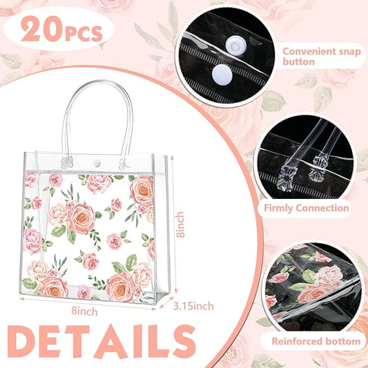 Aliceset 20 Pcs Clear Floral Clear Gift Bags with Handles PVC Flower Rose Party Goodie Treat Bag for Mother's Day Mom Tea Party Baby Shower Spring Birthday Bridal Shower, 8 x 8 x 3.15 Inch