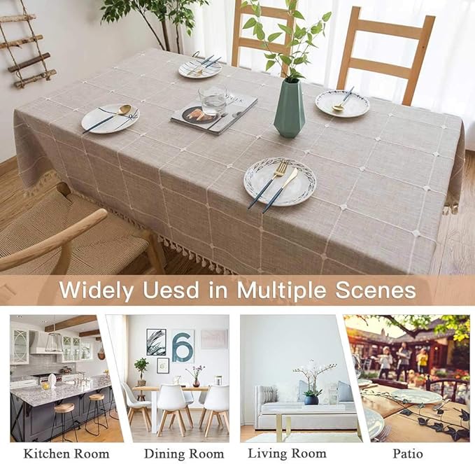 Deep Dream Tablecloths, Embroidered Waterproof Checkered Table Cloth Cotton Linen Wrinkle Free Anti-Fading Table Cover Decoration for Kitchen Dinning Party Christmas, 55 x 55 Inch - Light Brown