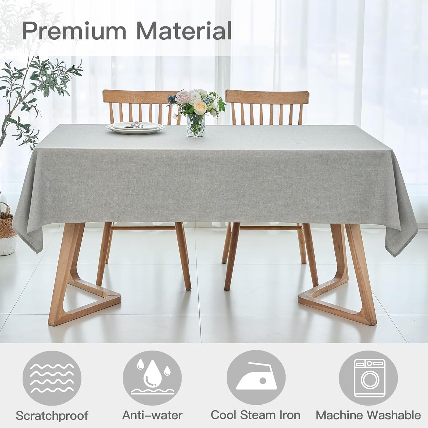 maxmill Rectangle Linen Texture Tablecloth Stain Proof Waterproof Wrinkle Free Washable Dining Table Cloth Wipeable Fabric Dining Room Table Cover Farmhouse Tablecloths, 60 x 120 Inch, Light Grey