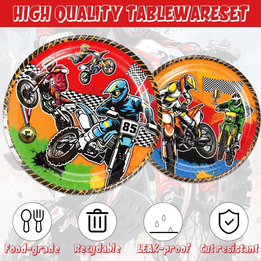 141pcs Dirt Bike Party Decorations,Dirt Bike Party Disposable Tableware set Includes Dinner Plate Dessert Plate Paper Napkin Cup Knife Fork Straws Tablecloth Motocross Dirt Bike Supplies set