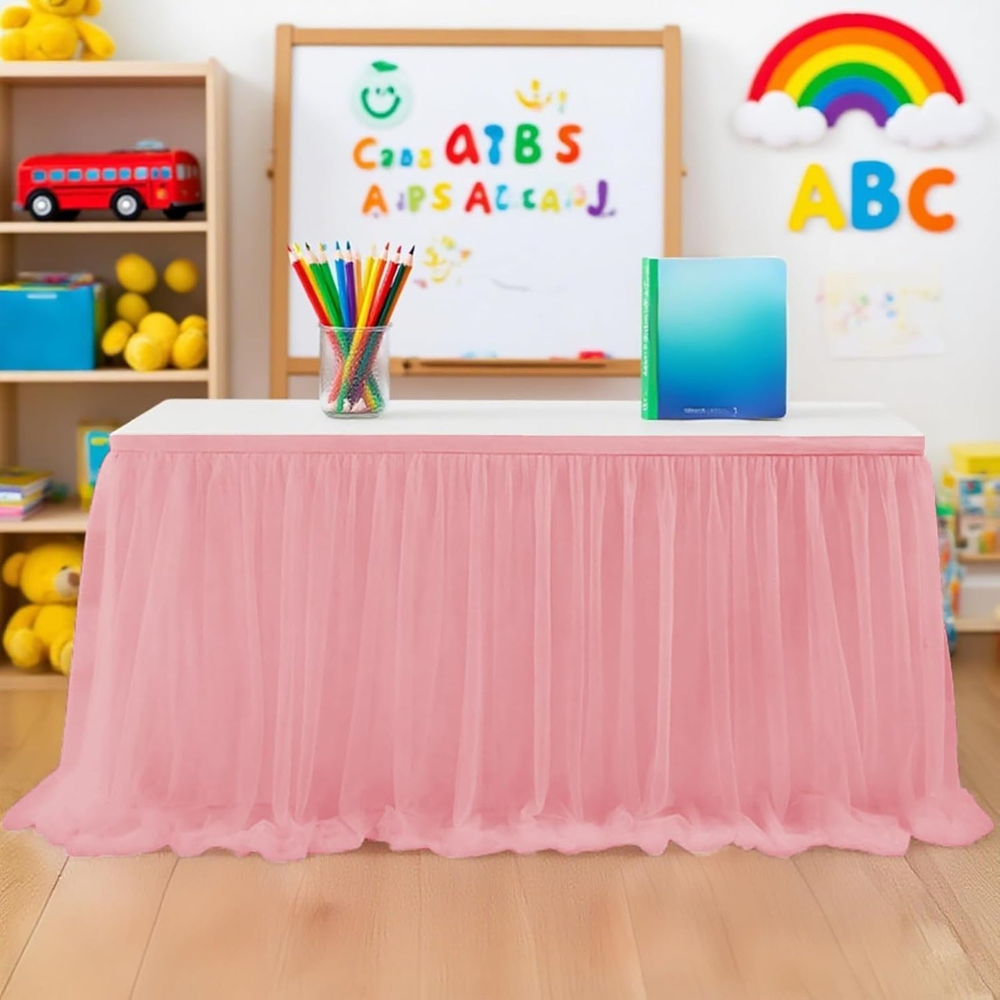 6FT Tulle Table Skirt for Teacher Desk Rectangular Ruffle Table Back to School Supplies for Kindergarten Preschool Middle School Classroom Decor, Pink 1