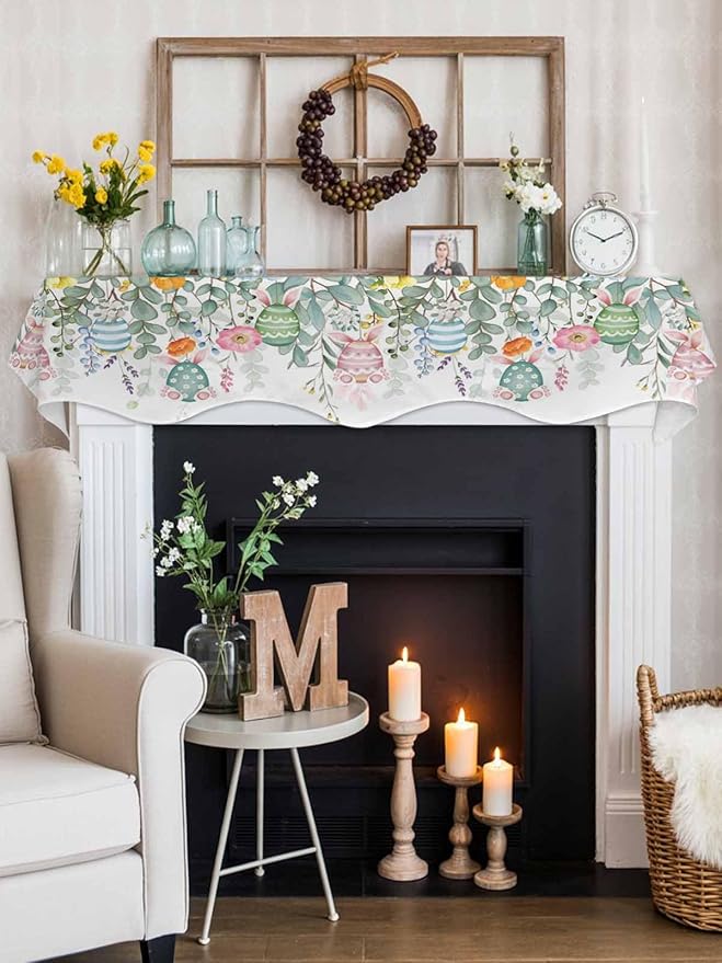 Easter Eggs Fireplace Mantel Scarf Table Runner, Bunny Eucalyptus Leaves Spring Flower Plant Winter Garland Mantel Top Tablerunners Dresser Scarves Cover for Windows Party Living Room 70''x17''