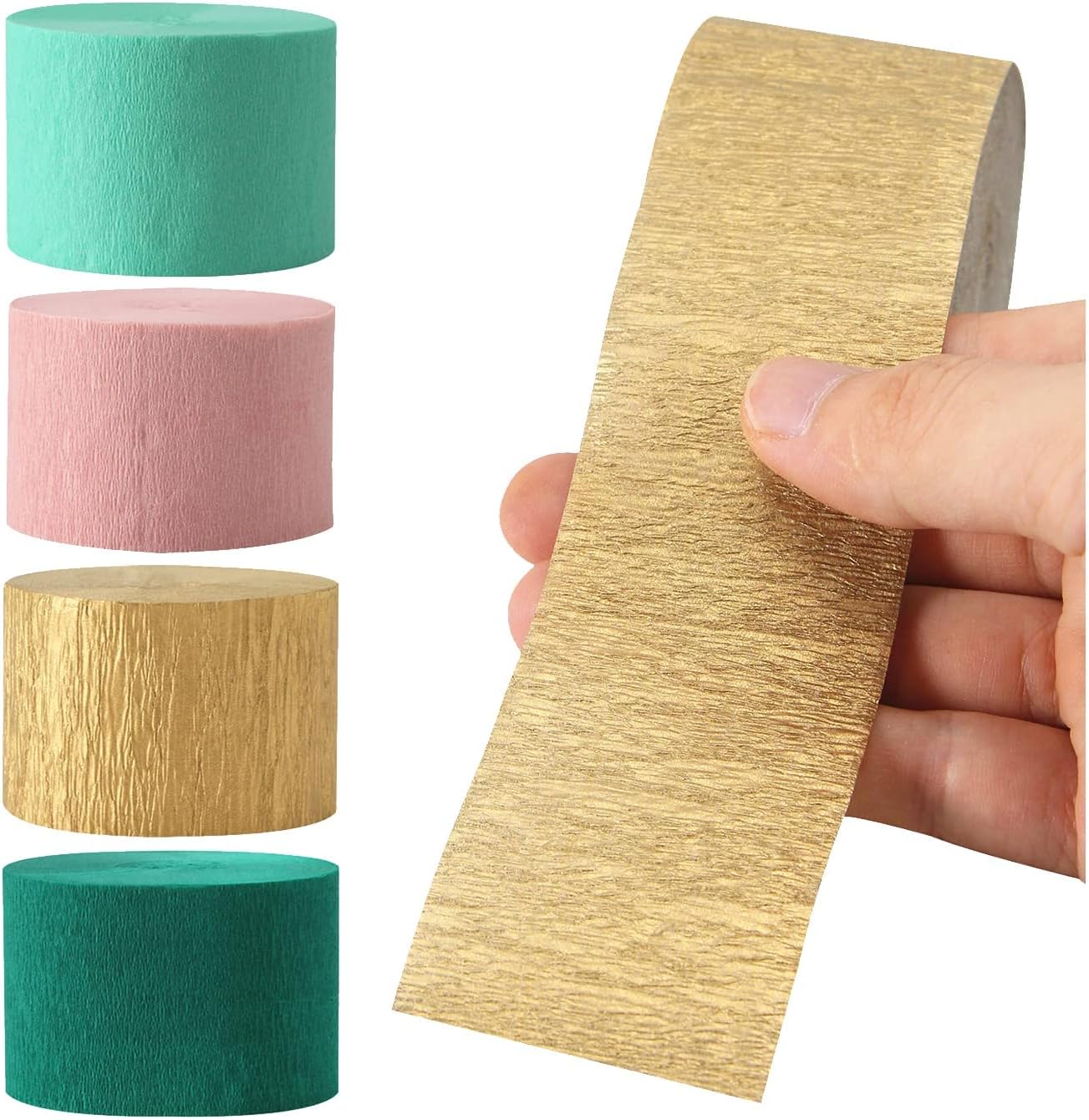 Sage-Green Pink-Gold Crepe Paper Streamers - 8 Rolls Green Party Decorations Streamer Birthday Rustic Wedding Bridal-Shower Bachelorette Engagement Paper Flowers Valentines Mothers Day Decor Panduola