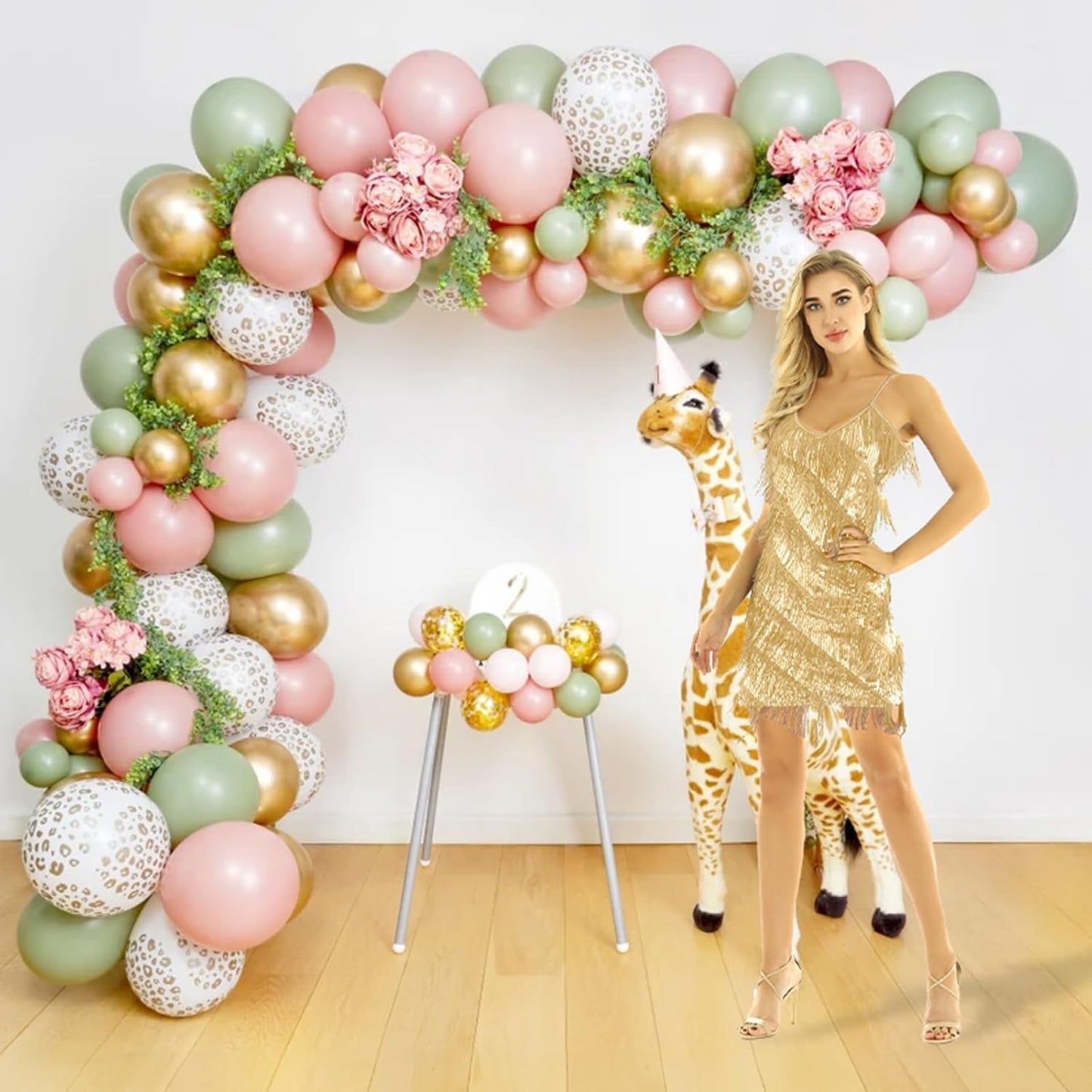 Pink and Green Balloons Retro Sage Olive Green Pink Beige Metallic Gold Confetti Latex Balloon for Easter Jungle Safari Christmas Woodland Floral Fairy Birthday Party Decorations