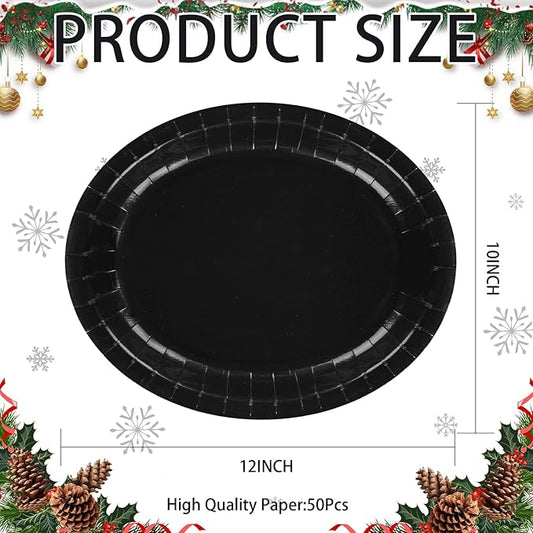 50Pcs Black Oval Paper Plates Decorations 10" x 12" Large Heavy Duty Disposable Black Paper Platters Birthday Party Decorations for BBQ Easter New Year Holiday Lunch Dinner Party Supplies Table Deco