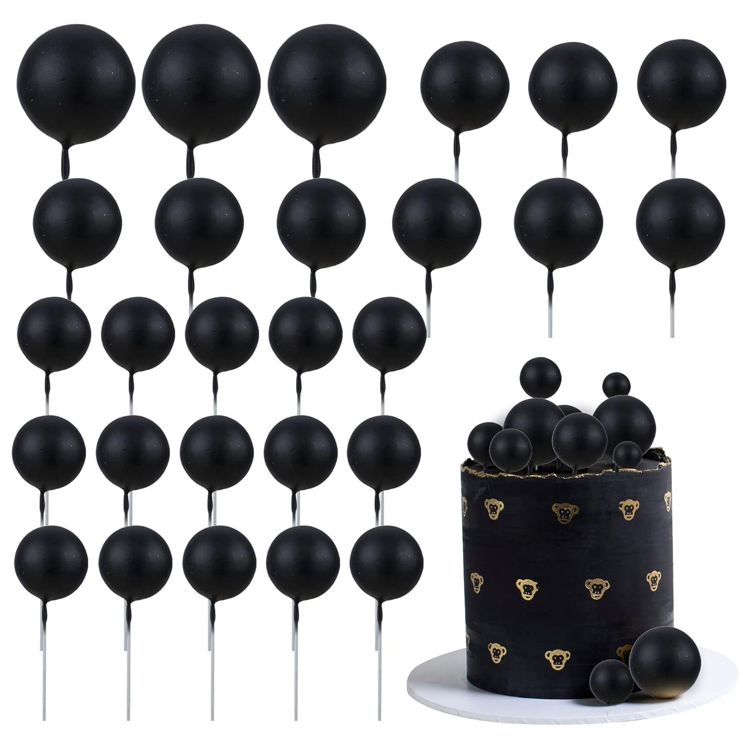 Gyufise 30Pcs Mini Balloon Cake Topper Foam Ball Cake Picks Cupcake Faux Pearl Balls DIY Cake Insert Topper Decoration for Anniversary Graduation Birthday Party Baby Shower Black