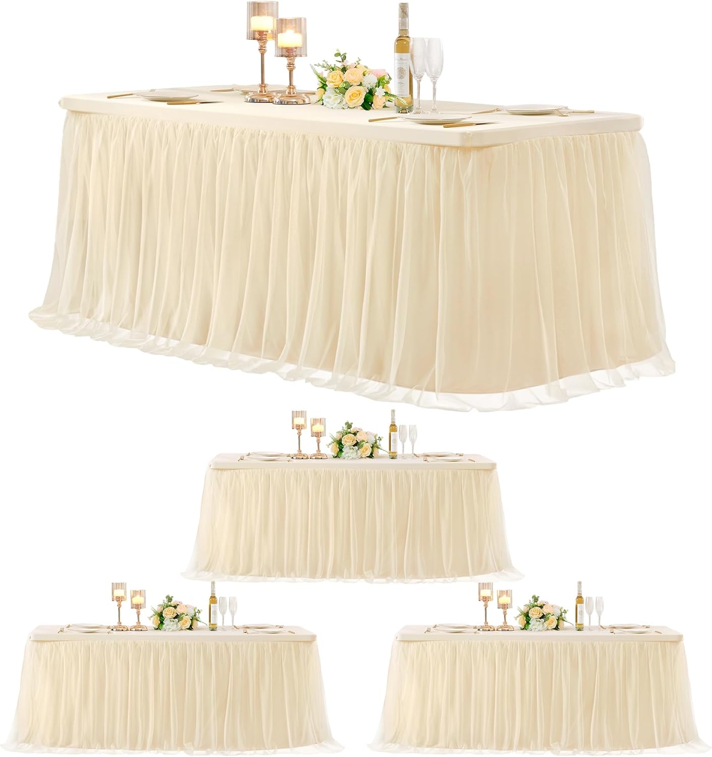 4 Pack 6ft Champagne Tulle Tablecloths for Rectangle Tables, 72 x 30 Inch Rectangular Table Cloth, Wrinkle Free Table Cover with Tutu Skirt for Wedding Birthday Party Banquet Buffet Decorations