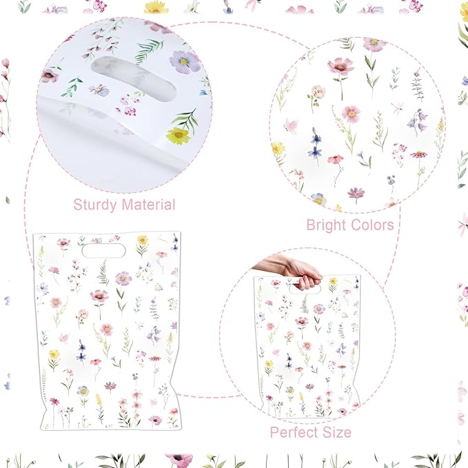 Falueqg Wildflower Theme Goodie Bags - 50 Pcs Reusable Party Favor Bags Wildfloral Gift Bag with Handles Treat Bag for Wedding Birthday Baby Shower Party Supplies Décor