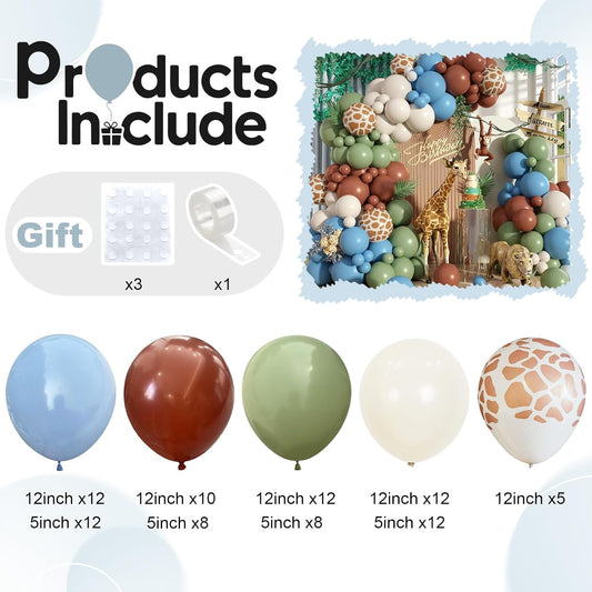 Sage Green Brown Balloon Arch Garland Kit, Olive Green Cream Nude Safari Balloons Brown Coffee Beige Light Blue Giraffe Print Balloons for Jungle Hunting Woodland Birthday Baby Shower Wild Decorations