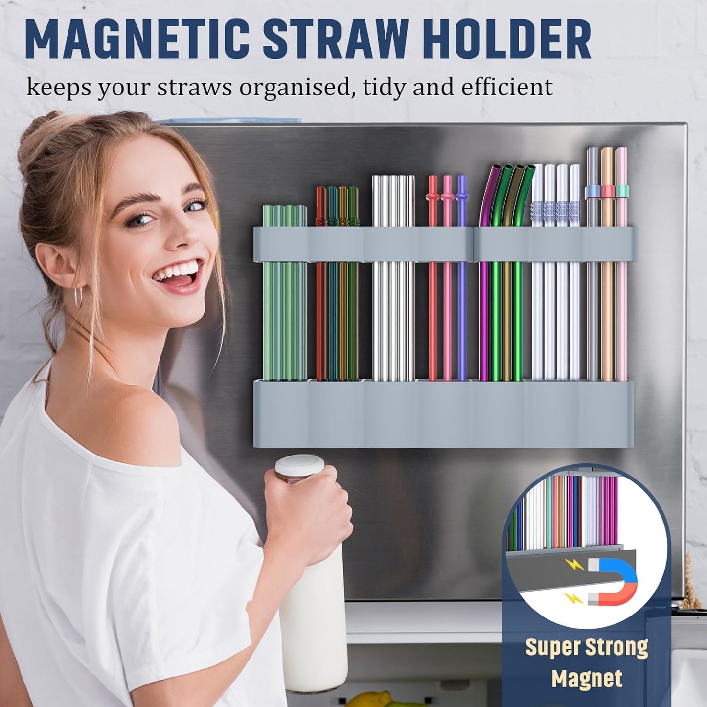 Straw Holder Large for Refrigerator 11”2025 Adjustable Two-Part Magnetic 3in1 Split Design Reusable Tumbler Straw Organizer Storage (Dark grey)