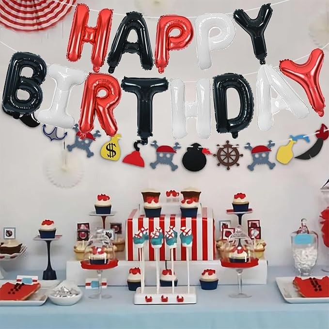TONIFUL Happy Birthday Balloons Banner with Ribbon Straw,16 Inch Mylar Letters Birthday Sign Banner Balloon Bunting Reusable for Girls Boys Kids & Adults Birthday Halloween Supplies（Red Black White）
