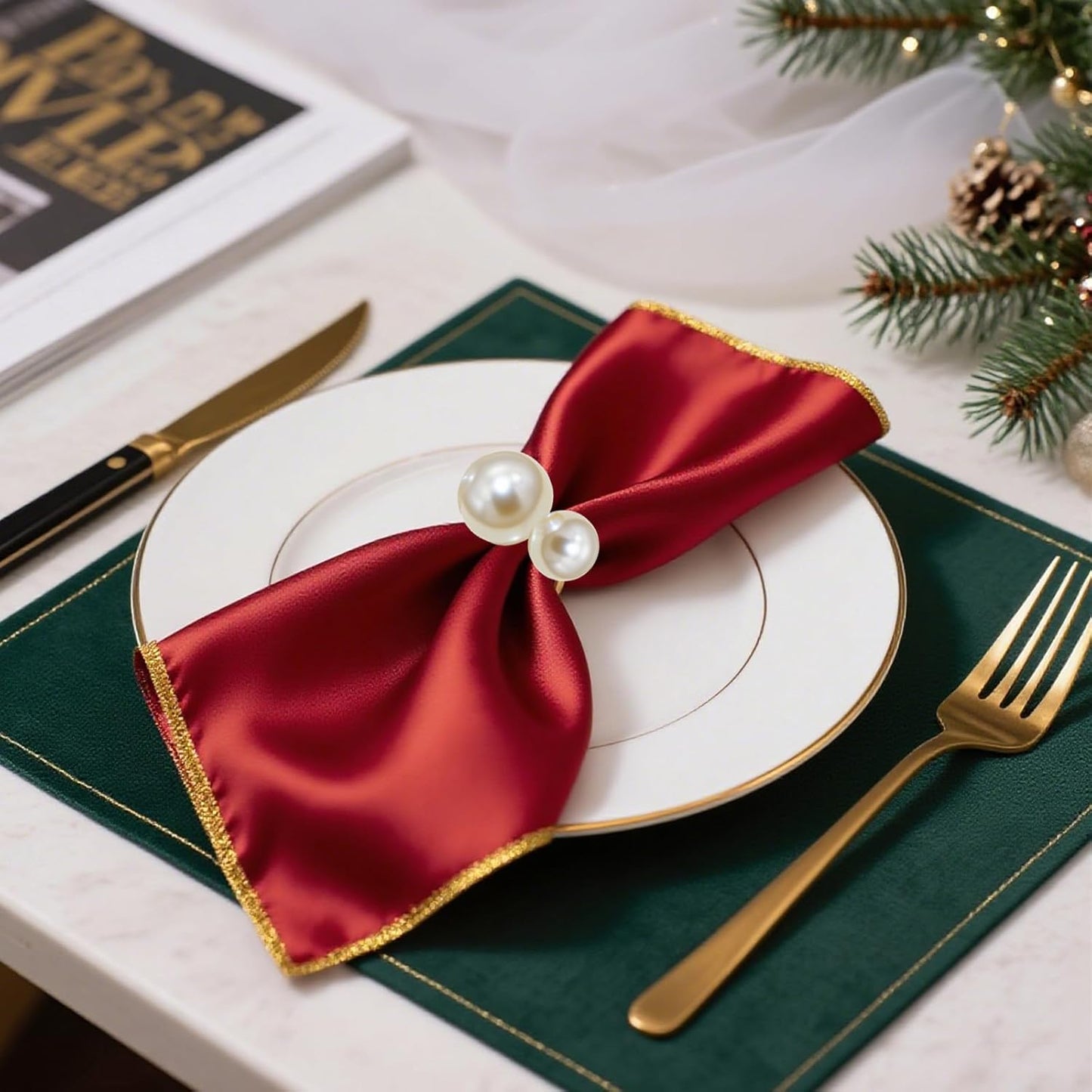 Gold Pearl Napkin Rings Set of 6 for Christmas New Year Candlelight Dinner Decor,Elegant Napkin Ring Holders for Wedding Reception Anniversary Family Gatherings Daily Table Setting