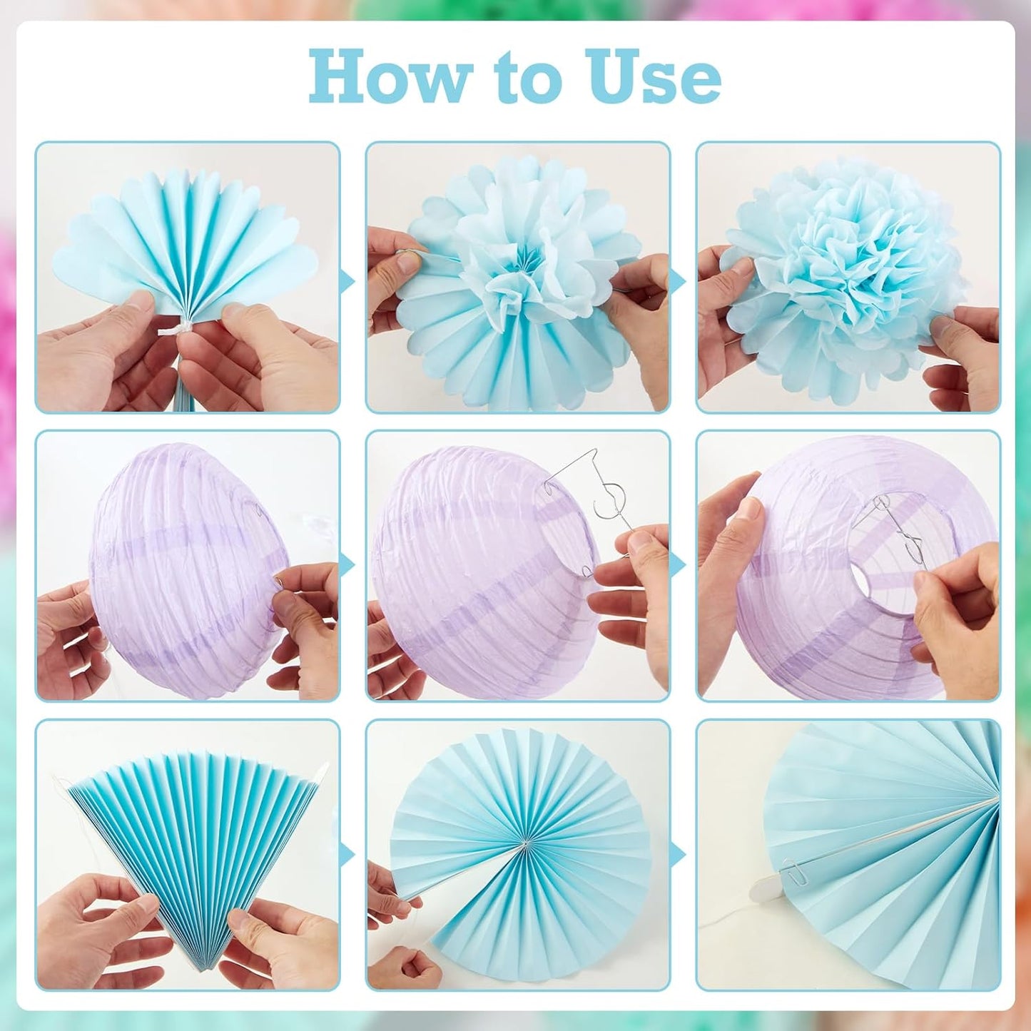 SUNBEAUTY Pastel Birthday Party Decorations for Girls Women with Happy Birthday Banner Pastel Paper Fans Tissue Pom Poms Lantern Decorations Birthday Decorations Kit