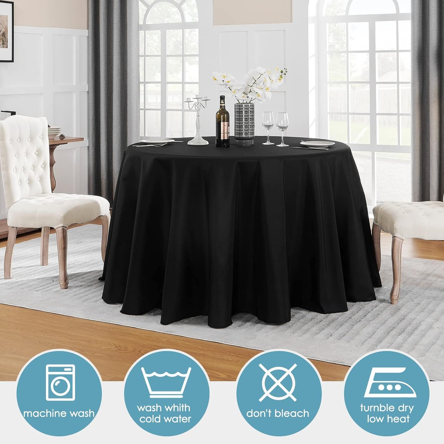 VidaFete 6 Pack 108inch Round Tablecloth Polyester Table Cloth，Stain Resistant and Wrinkle Polyester Dining Table Cover for Kitchen Dinning Party Wedding Rectangular Tabletop Buffet Decoration(Black)