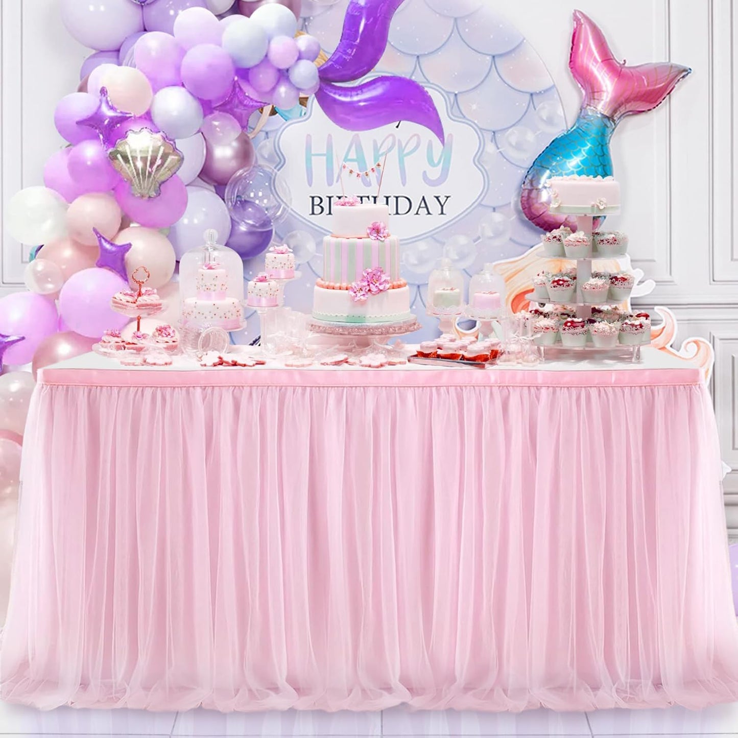 6ft Pink Tulle Table Skirts Baby Shower Tulle Tablecloth for Rectangular Tables Tutu TableSkirt Desk Skirt 72in Round Ruffle Table Cover for Princess Birthday Party Cake Dessert TableDecorations