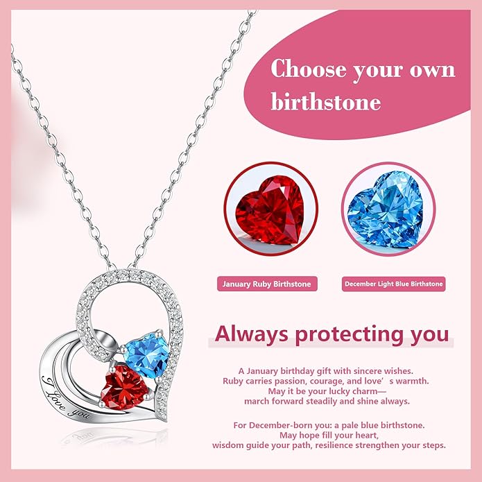 Double Birthstone Heart Necklace 0.8CT Dual-Gemstone S925 Sterling Silver Plated White Gold Engraved I Love You Perfect Anniversary/Valentine's Day Gift for Wife/Girlfriend/Mom/Daughter