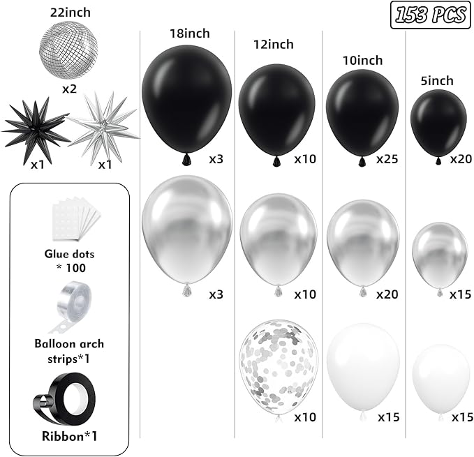 153Pcs Black and Silver White Balloon Garland Arch Kit with Stars, 22 18 12 10 5 inch Disco Ball Balloons Black White Metallic Silver Confetti Balloon for Birthday Graduation Party Decorations