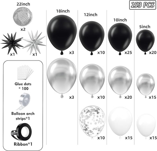 153Pcs Black and Silver White Balloon Garland Arch Kit with Stars, 22 18 12 10 5 inch Disco Ball Balloons Black White Metallic Silver Confetti Balloon for Birthday Graduation Party Decorations