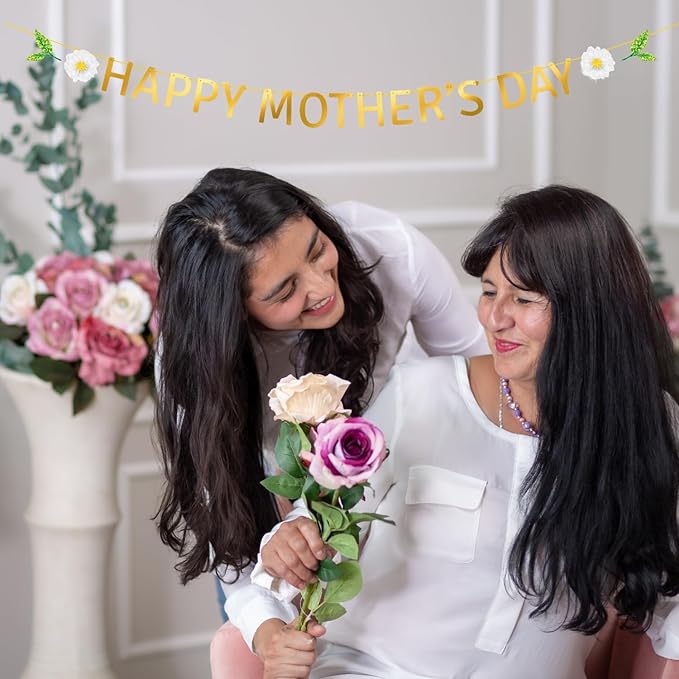 Happy Mother's Day Banner Set Decoration for Mother's Day Party Decorations Backdrop Garland for Mom Glitter Garland Photo Props (Gold Letter White Daisy)