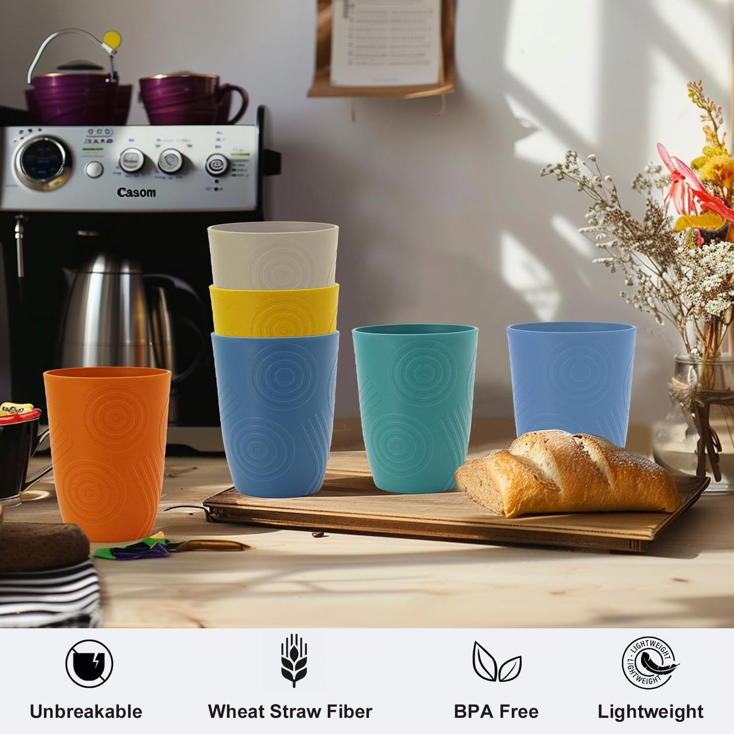 12 oz Wheat Straw Cups Set of 6, Alternatives to Plastic Cups Reusable, Unbreakable Drinking Glasses, Dishwasher Safe Drinking Cup, Small Water Cup for Kitchen (Multicolor)