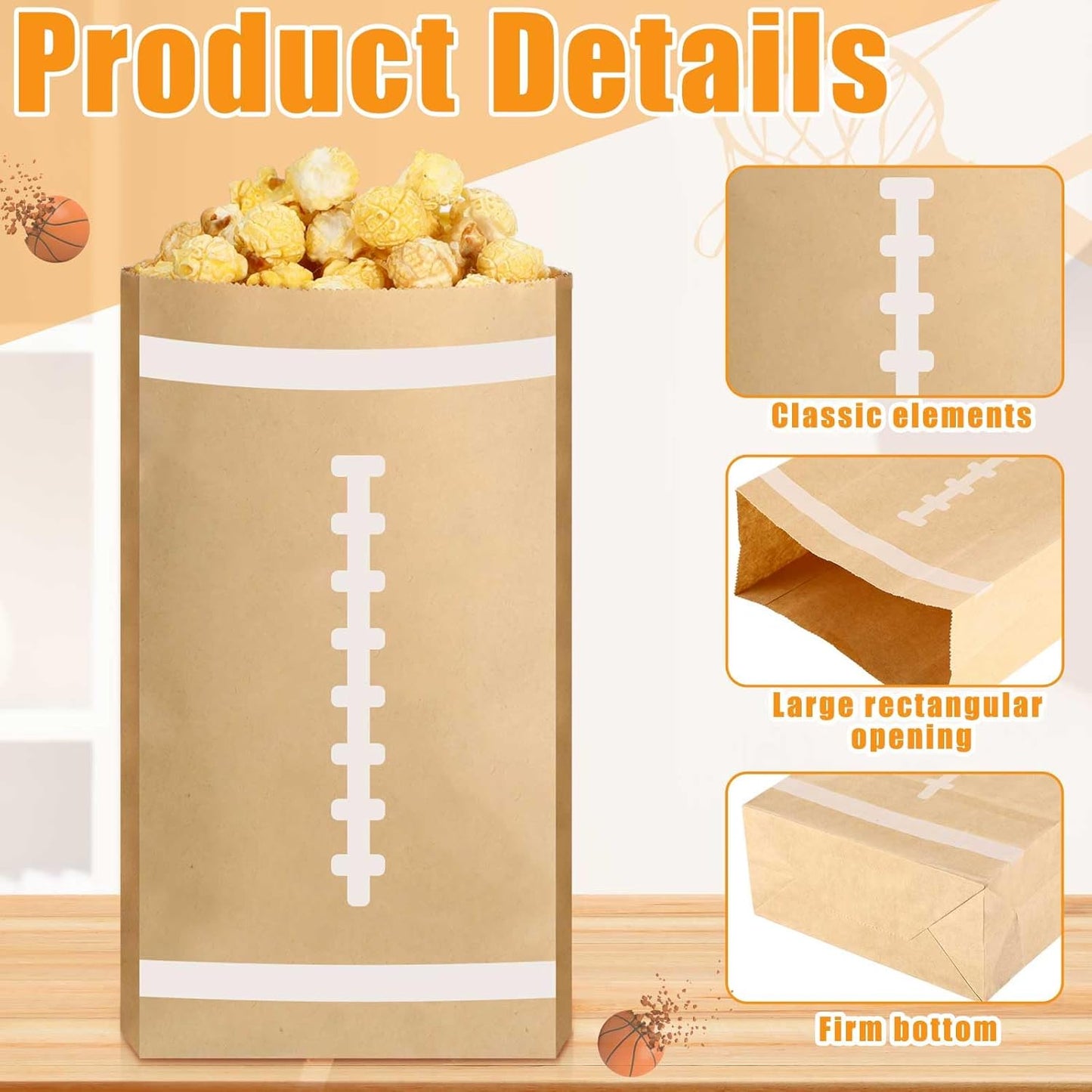 100 Pcs Football Popcorn Bags Football Popcorn Boxes Large Brown Kraft Papers Disposable Rugby Theme Candy Treat snack Bags for Sports Party Birthday Supplies