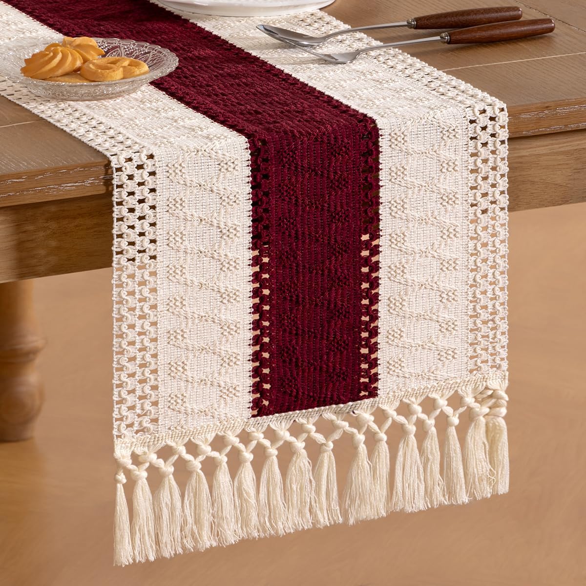Socomi Boho Table Runner Fall Thanksgiving Farmhouse Rustic Dining Kitchen Centerpiece Decor Small Macrame Woven Cotton Linen Coffee Table Runner for Dresser Scarf Home Decor 12x48 in Burgundy Ivory