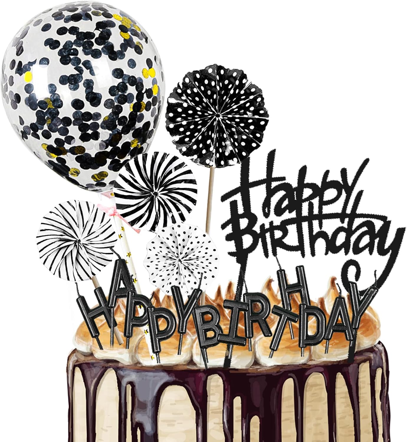 Black Cake Topper Decoration with Happy Birthday Candles, Acrylic Birthday Cake Topper, Confetti Balloon and Paper Fans for Black Theme Birthday Party Decor Women Man Girl Boy