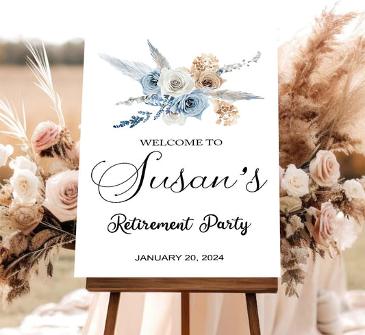 Personalized Blue Retirement Party Sign, Rustic Luncheon Welcome Sign