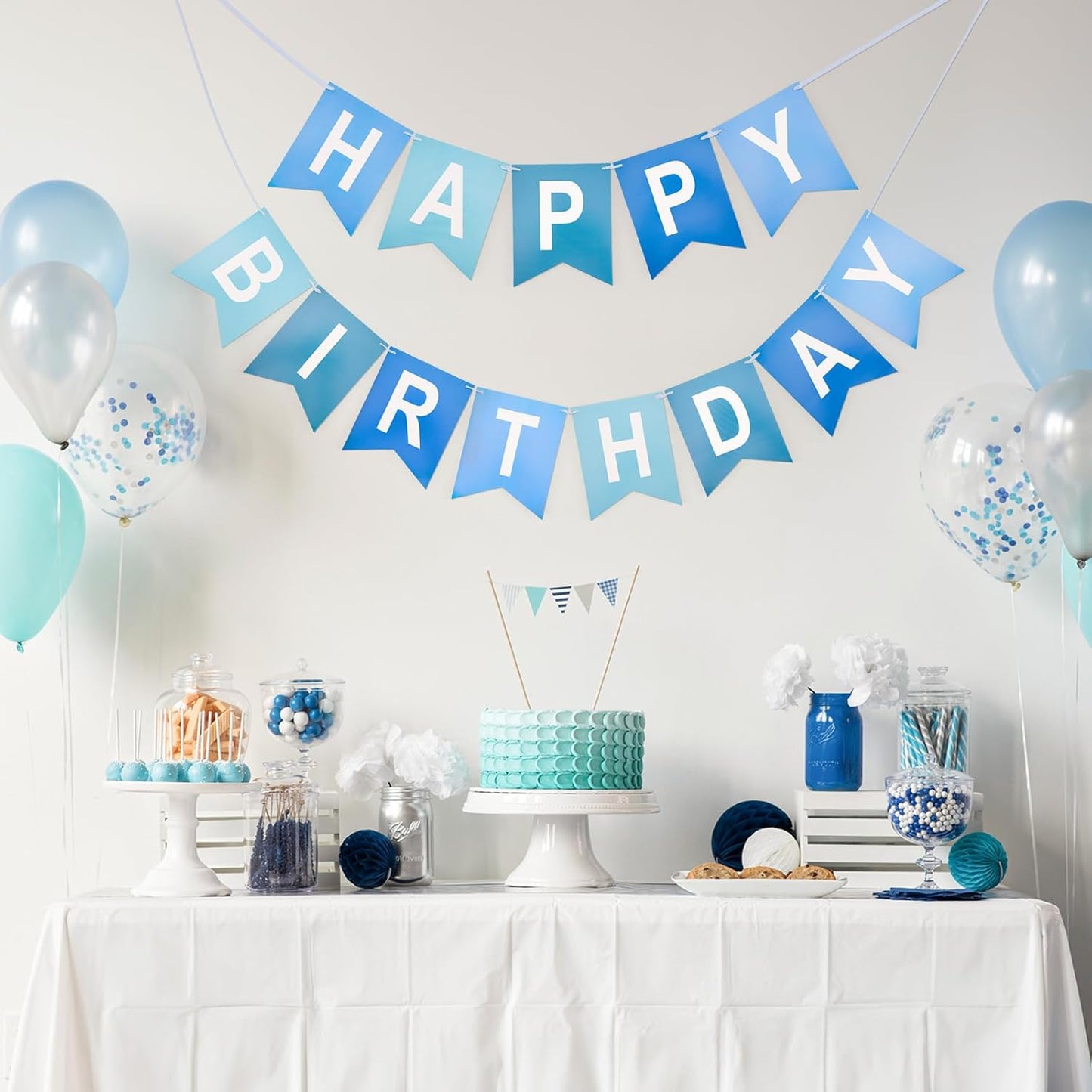 Blue Happy Birthday Banner Birthday Party Banner NO DIY Happy Birthday Sign Pre-Strung Birthday Hanging Decoration for Women Men Girl Boy Party Supplies(Blue)