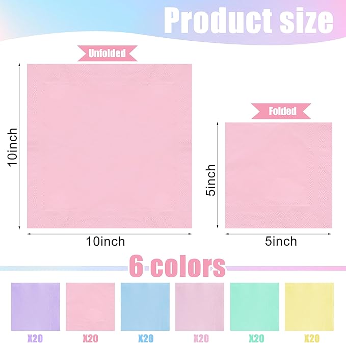 120 PCS Rainbow Party Napkins - Disposable 3 Ply Pastel Color Beverage Dinner Napkins for Baby Shower, Birthday, Wedding & Unicorn Theme Parties
