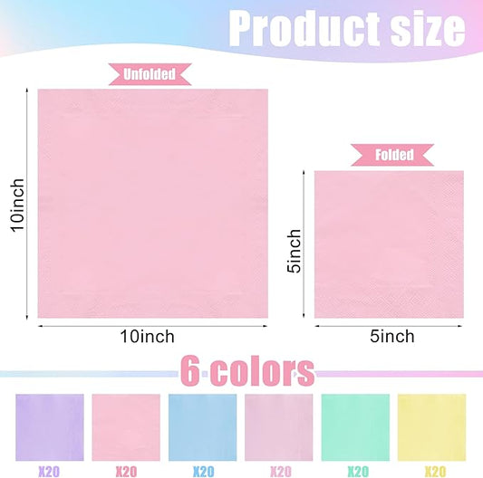 120 PCS Rainbow Party Napkins - Disposable 3 Ply Pastel Color Beverage Dinner Napkins for Baby Shower, Birthday, Wedding & Unicorn Theme Parties