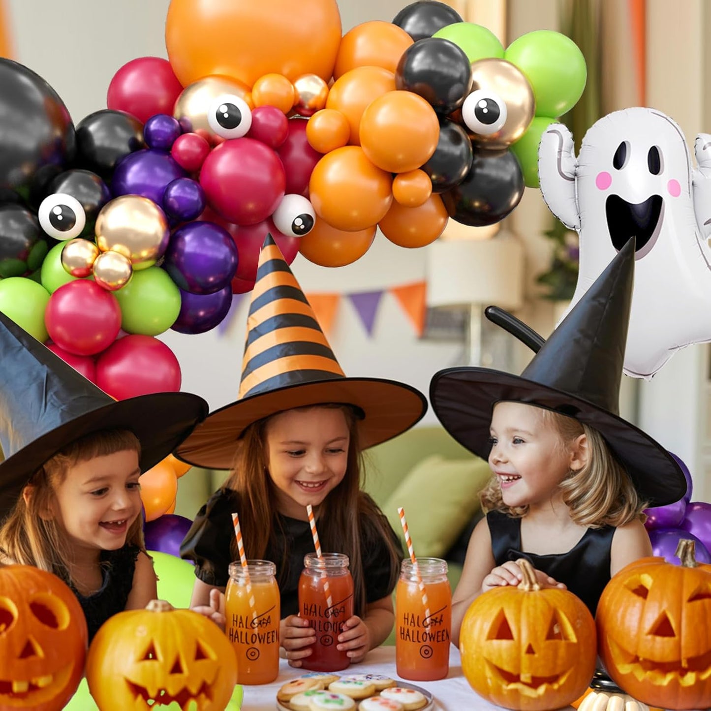 Halloween Balloon Arch, Orange Green Purple Balloons With Eyeball Long Balloons Ghost Foil Balloon For Classic Halloween Ghost Spooky Vampire Haunted House Scary Themed Birthday Party Decorations