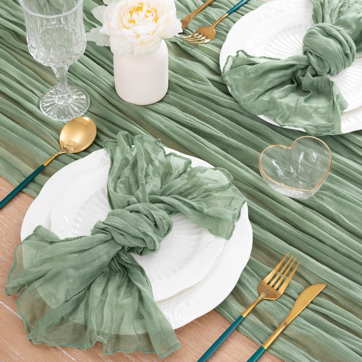 MLMC 3 Pack Sage Green Table Runner 10ft Rustic Boho Cheesecloth Table Runner Cheese Cloth Centerpiece Fall Decor 35x120 Inches for Wedding Bridal Baby Shower Decor