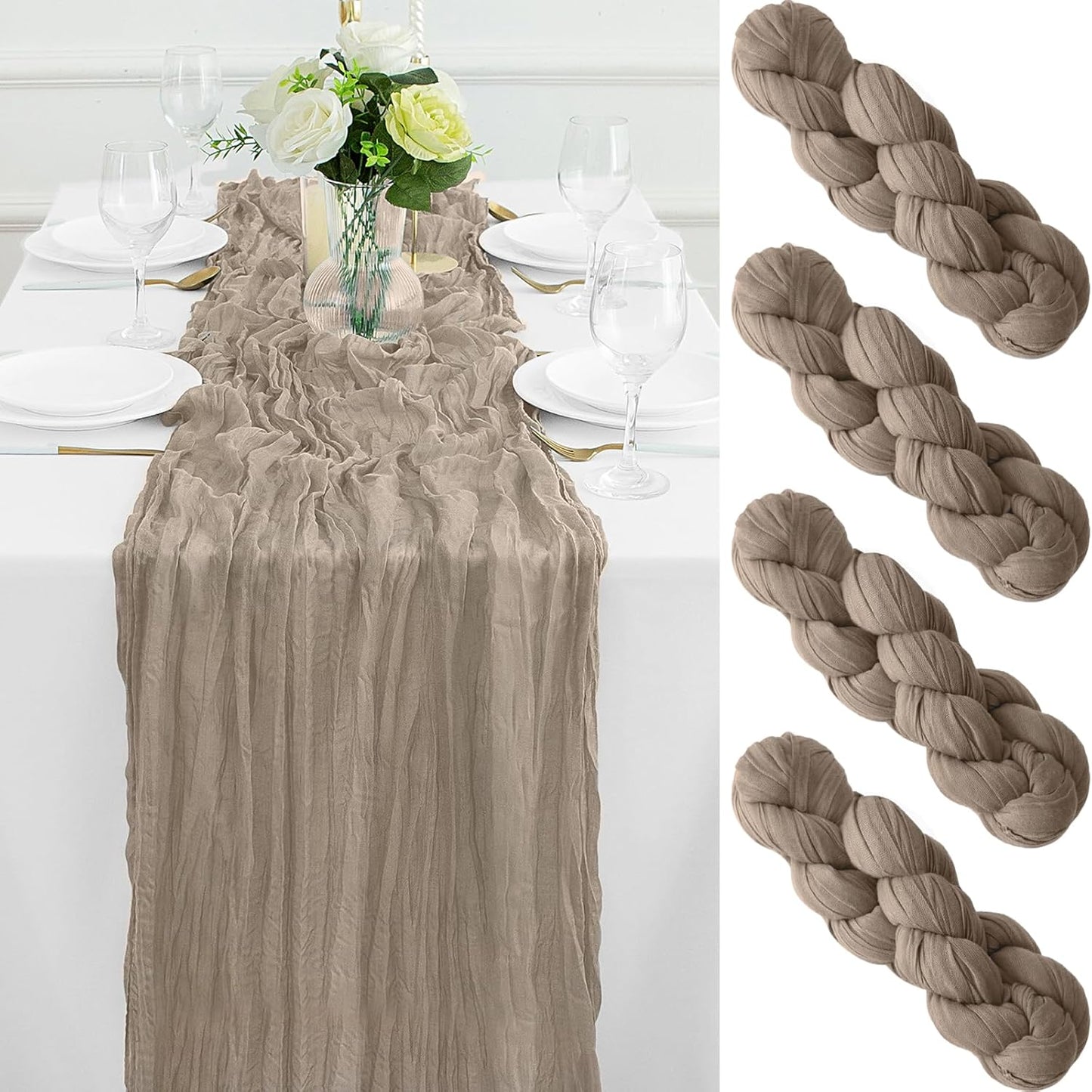 4Pack Nude Table Runner 10FT Cheesecloth Table Runner 35x120Inch Long Boho Cheese Cloth Table Runners Rustic Gauze Table Runners for Party Wedding Bridal Shower Baby Shower Decorations