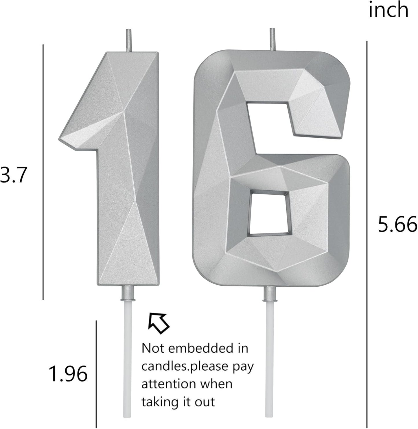DERVENTA Birthday Candle Big Number 3D Silver 3.7 inch Party Celebration Anniversary Decoration Cake Topper 1 Piece (Number 16 Silver)